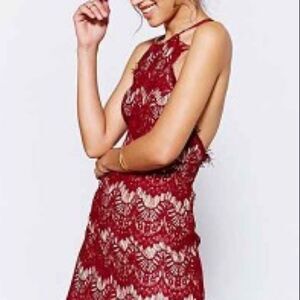 A. Peach red lace overlay high neck mini dress | size L